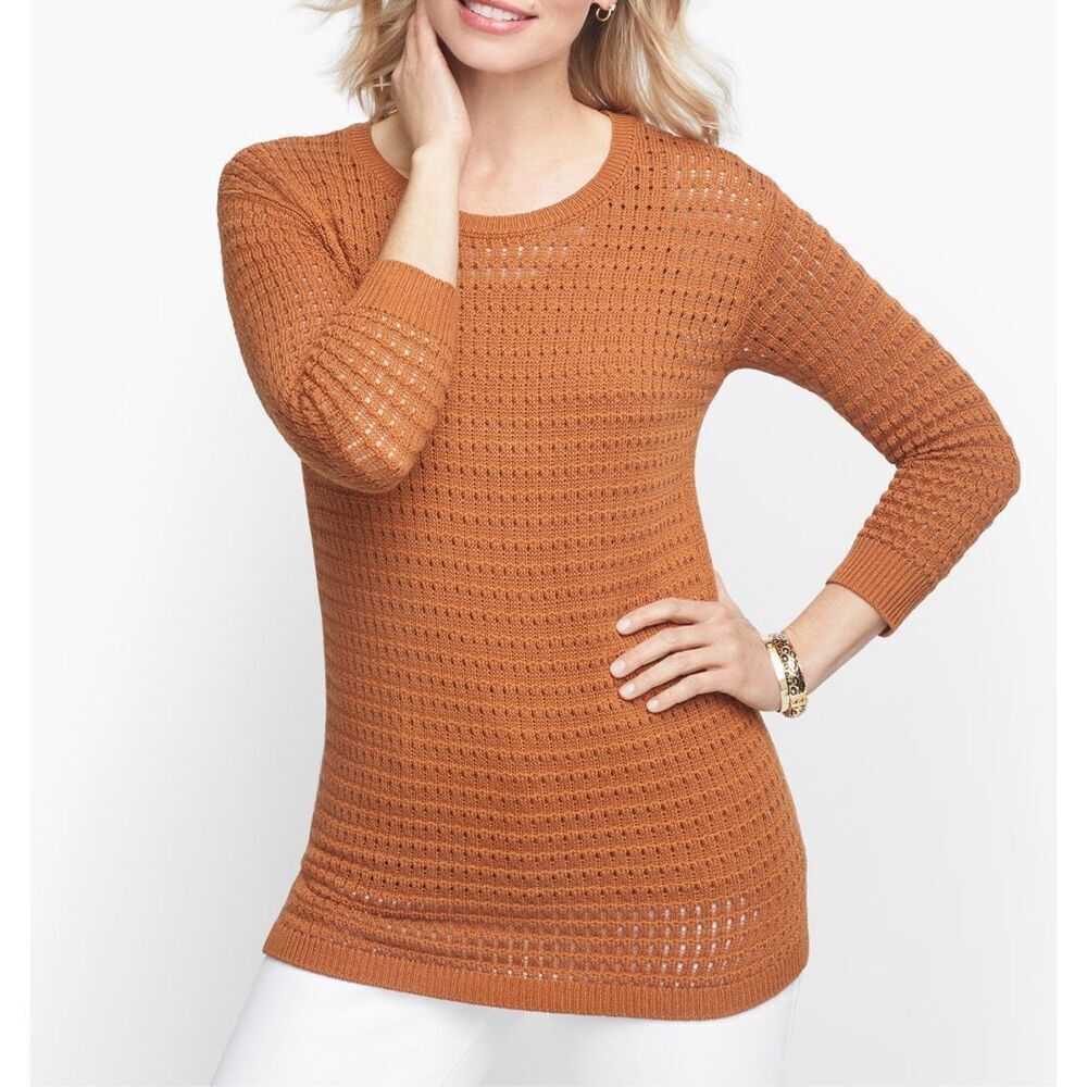 Talbots mixed yarn cotton Burnt Orange/Rust 3/4 Sleeve Open Knit Sweater Size L
